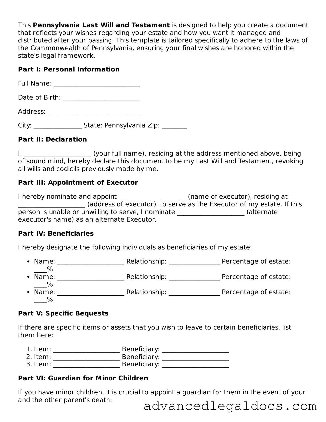 Fillable Last Will and Testament Form for Pennsylvania State
