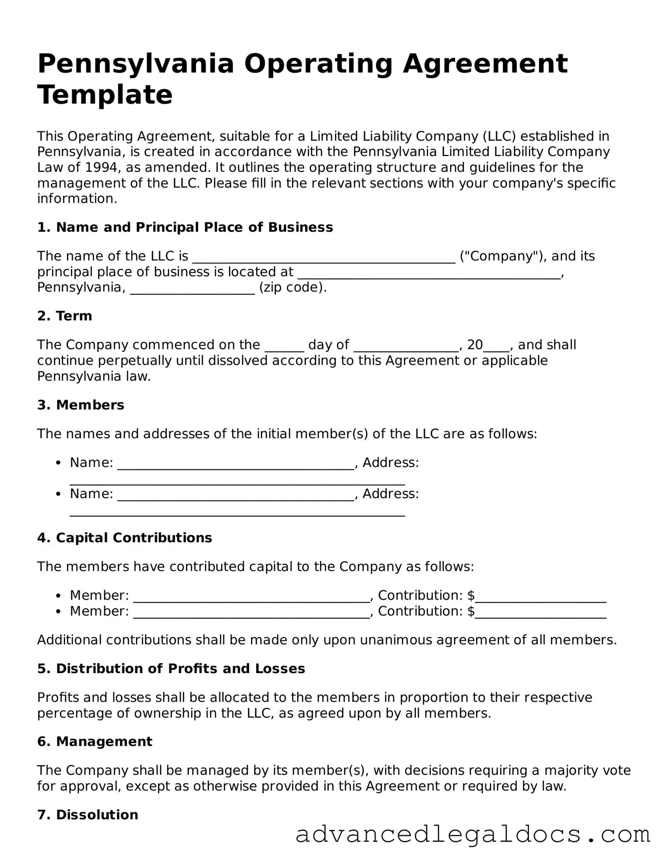 Fillable Operating Agreement Form for Pennsylvania State