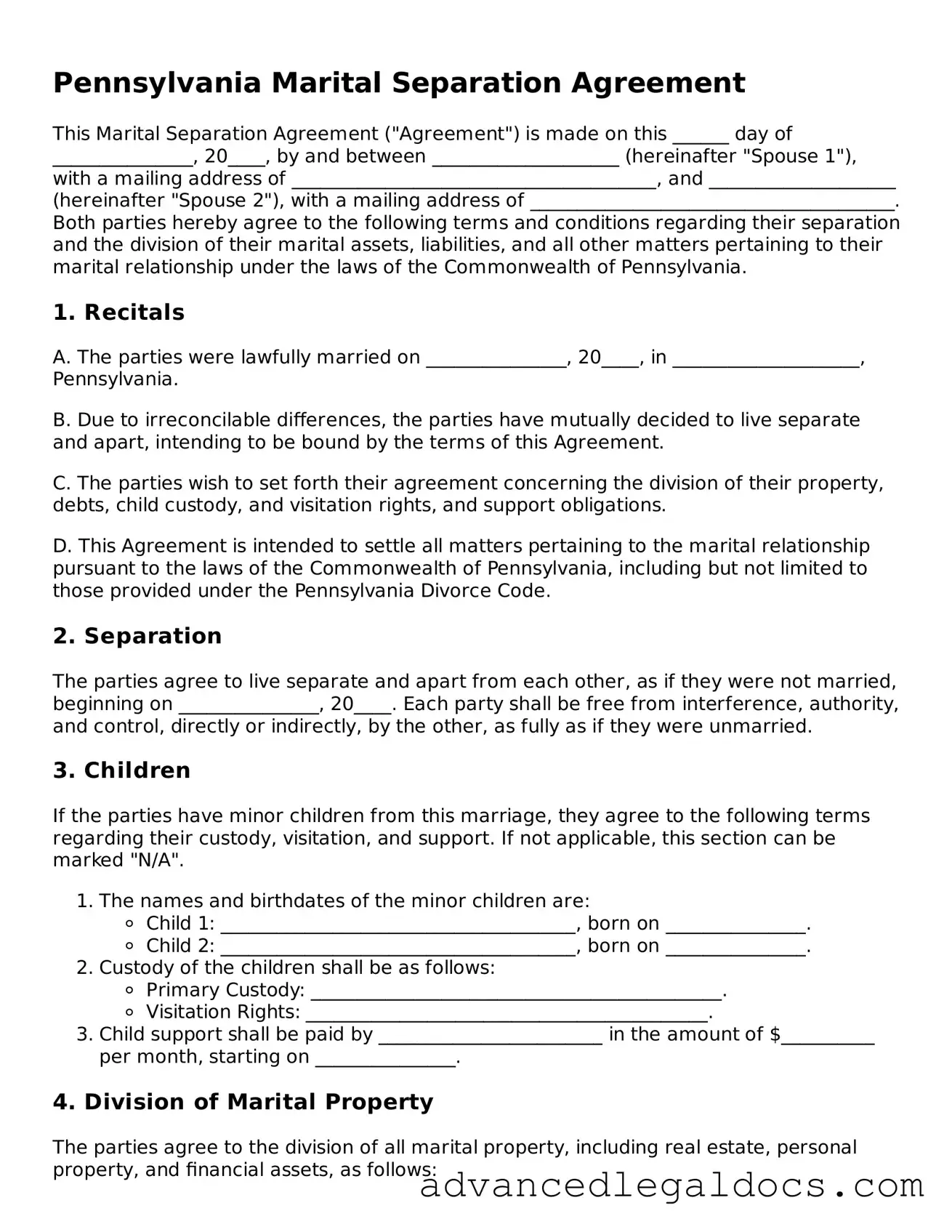 Fillable Marital Separation Agreement Form for Pennsylvania State