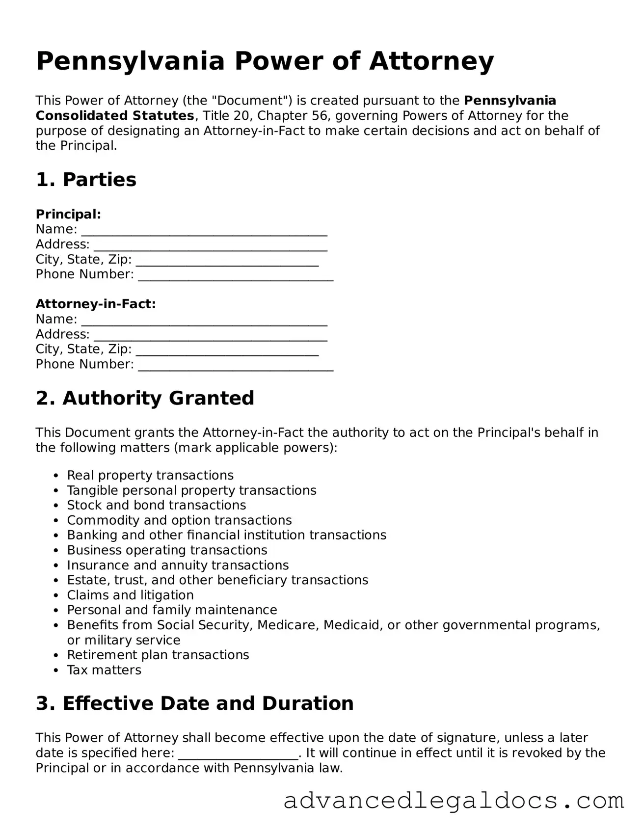 Fillable Power of Attorney Form for Pennsylvania State