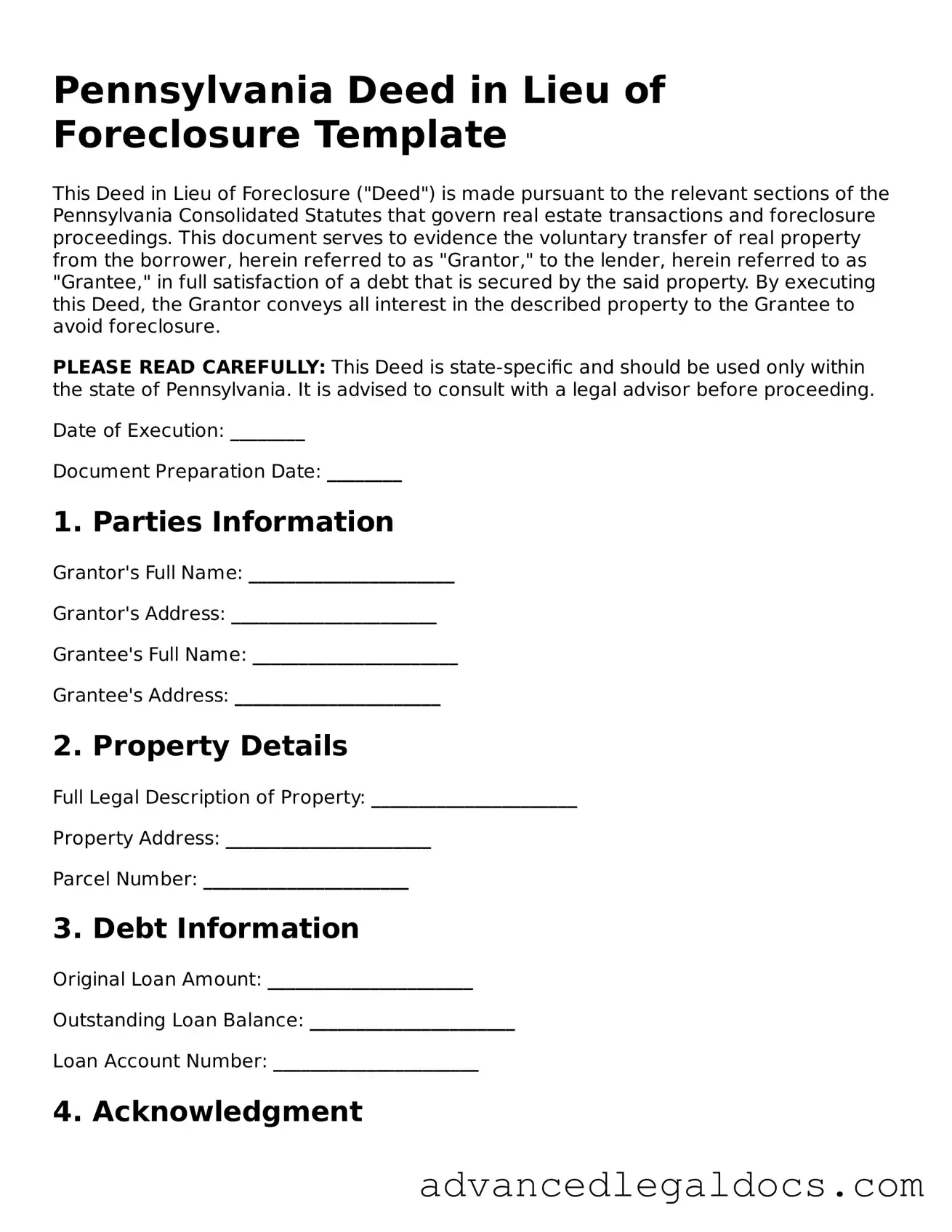 Fillable Deed in Lieu of Foreclosure Form for Pennsylvania State