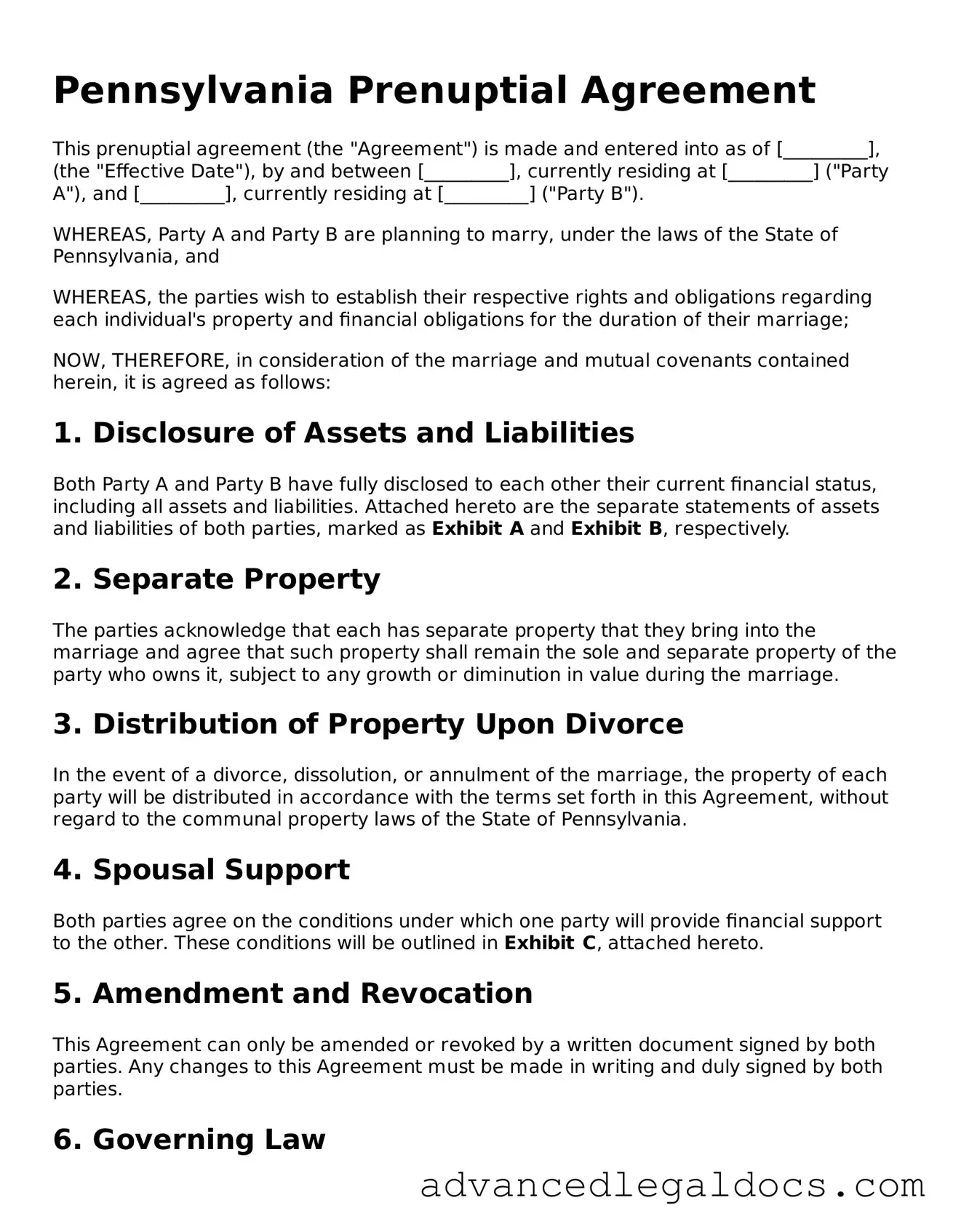 Fillable Prenuptial Agreement Form for Pennsylvania State