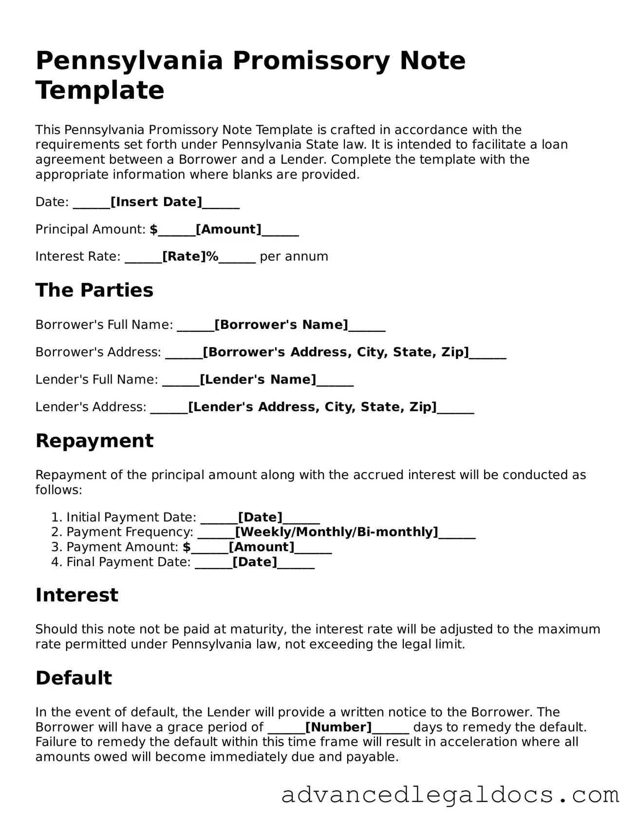 Fillable Promissory Note Form for Pennsylvania State