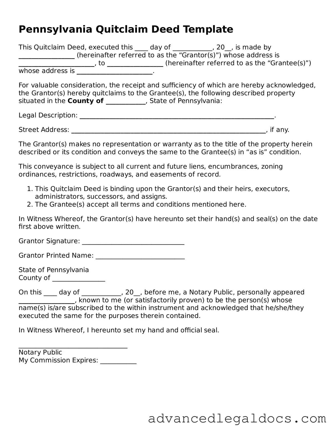 Fillable Quitclaim Deed Form for Pennsylvania State