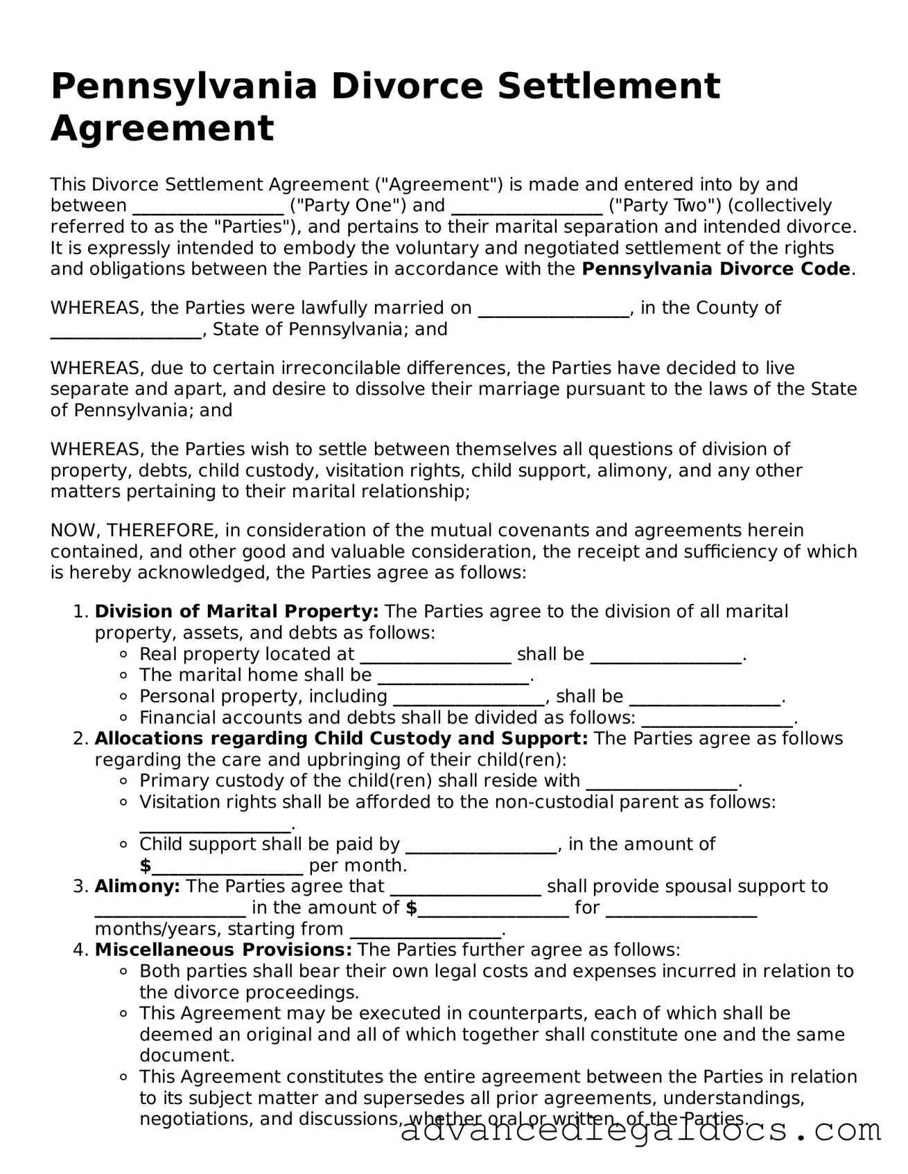 Fillable Divorce Settlement Agreement Form for Pennsylvania State