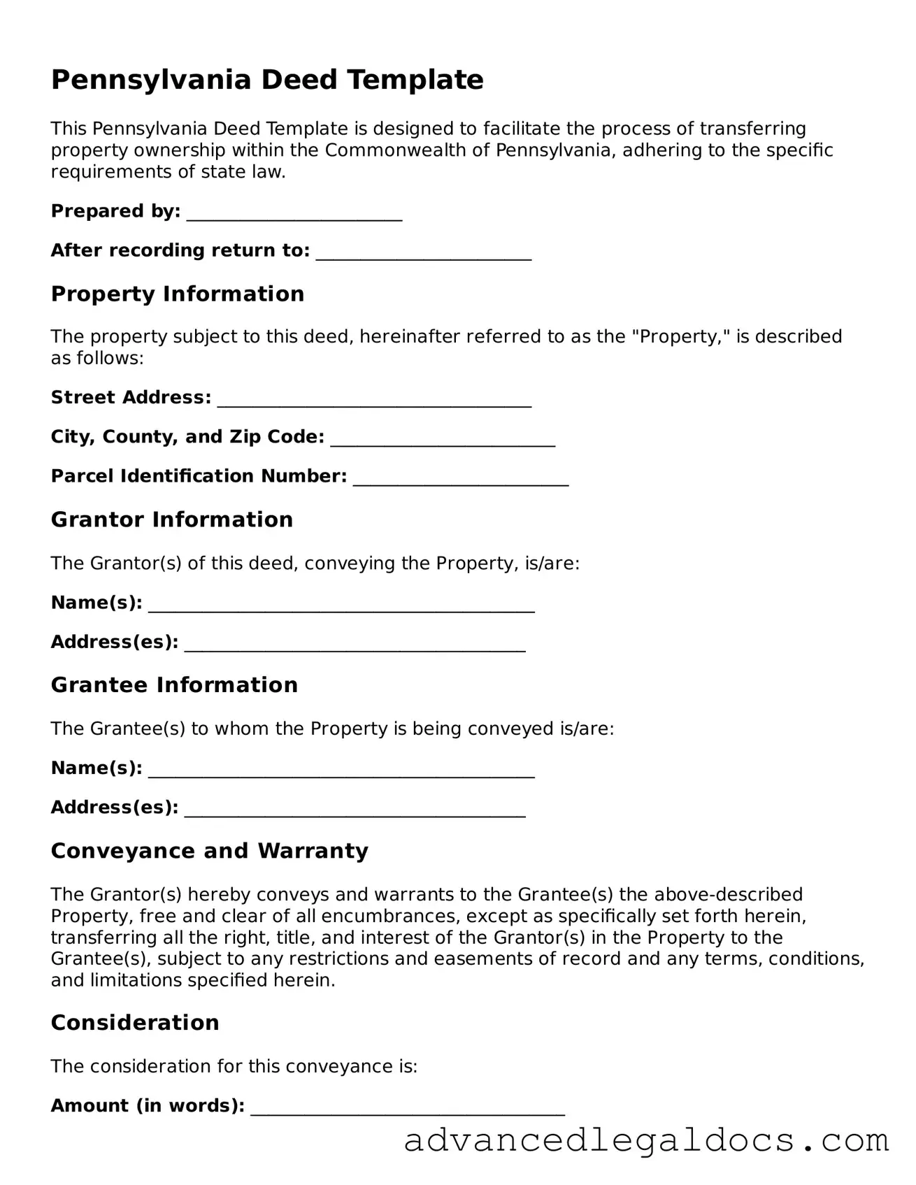 Fillable Deed Form for Pennsylvania State