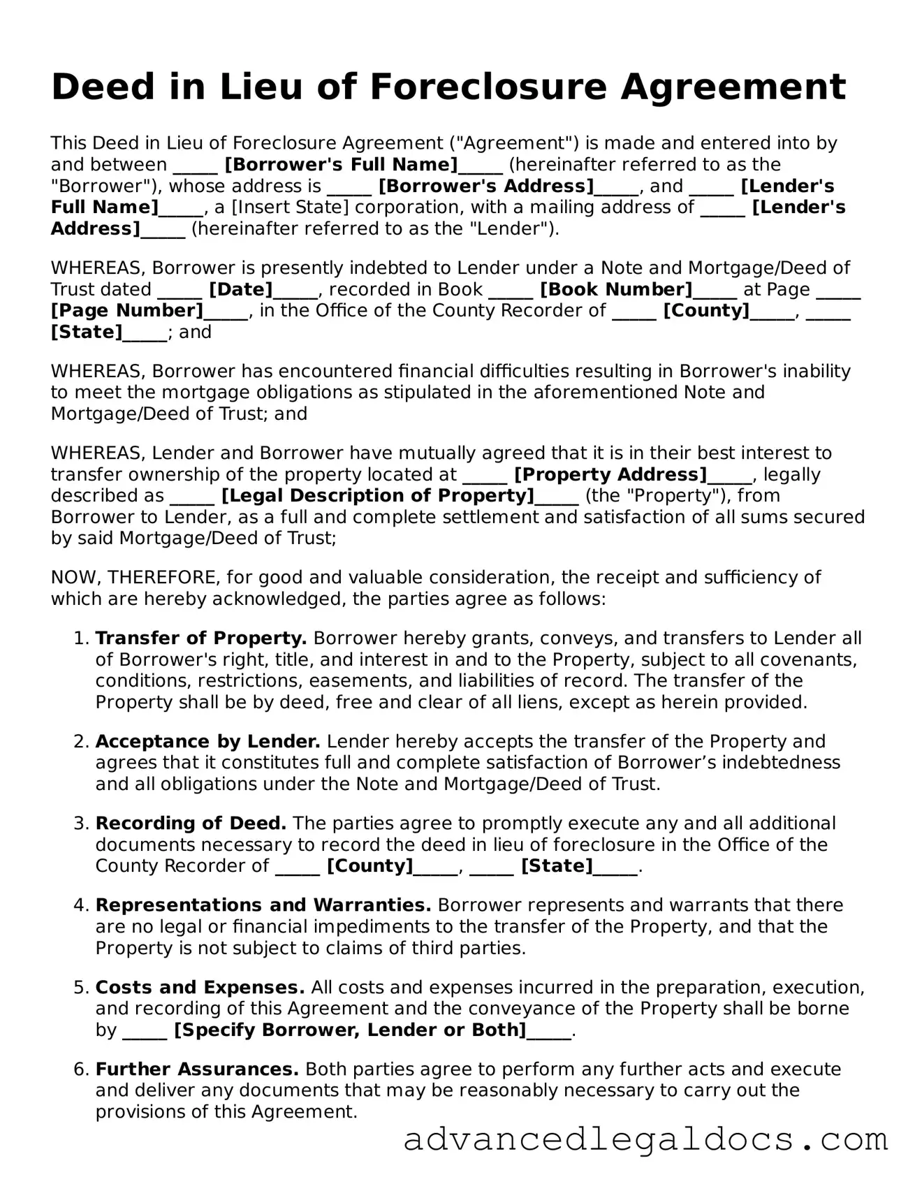 Blank Deed in Lieu of Foreclosure Template