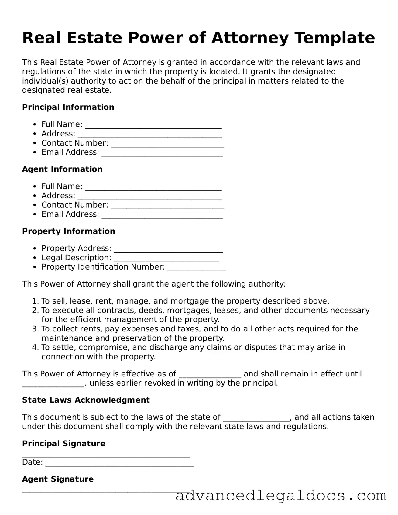 Blank Real Estate Power of Attorney Template