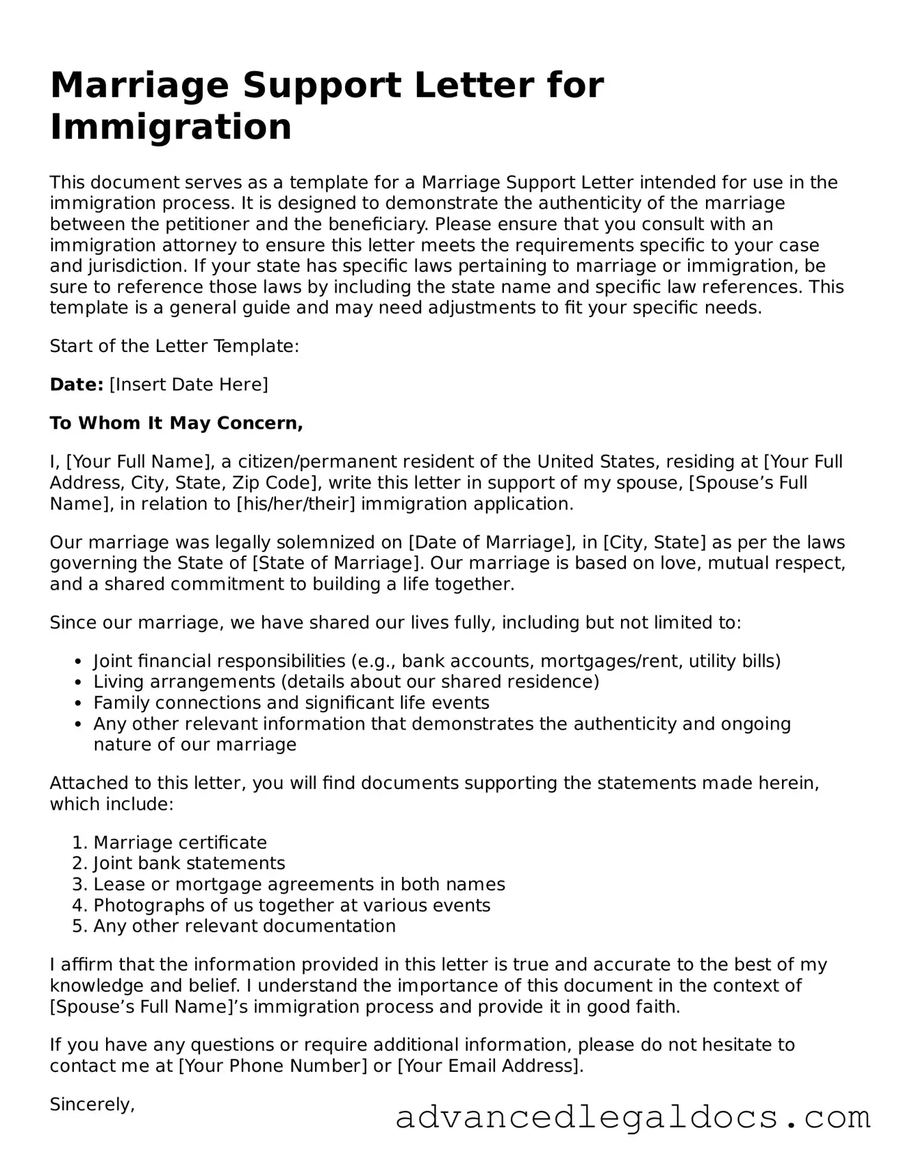 Blank Marriage Support Letter for Immigration Template