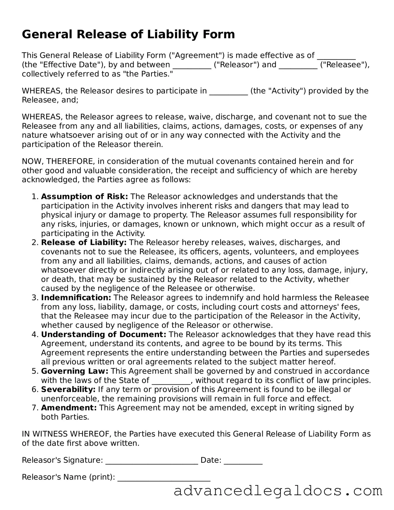 Blank Release of Liability Template