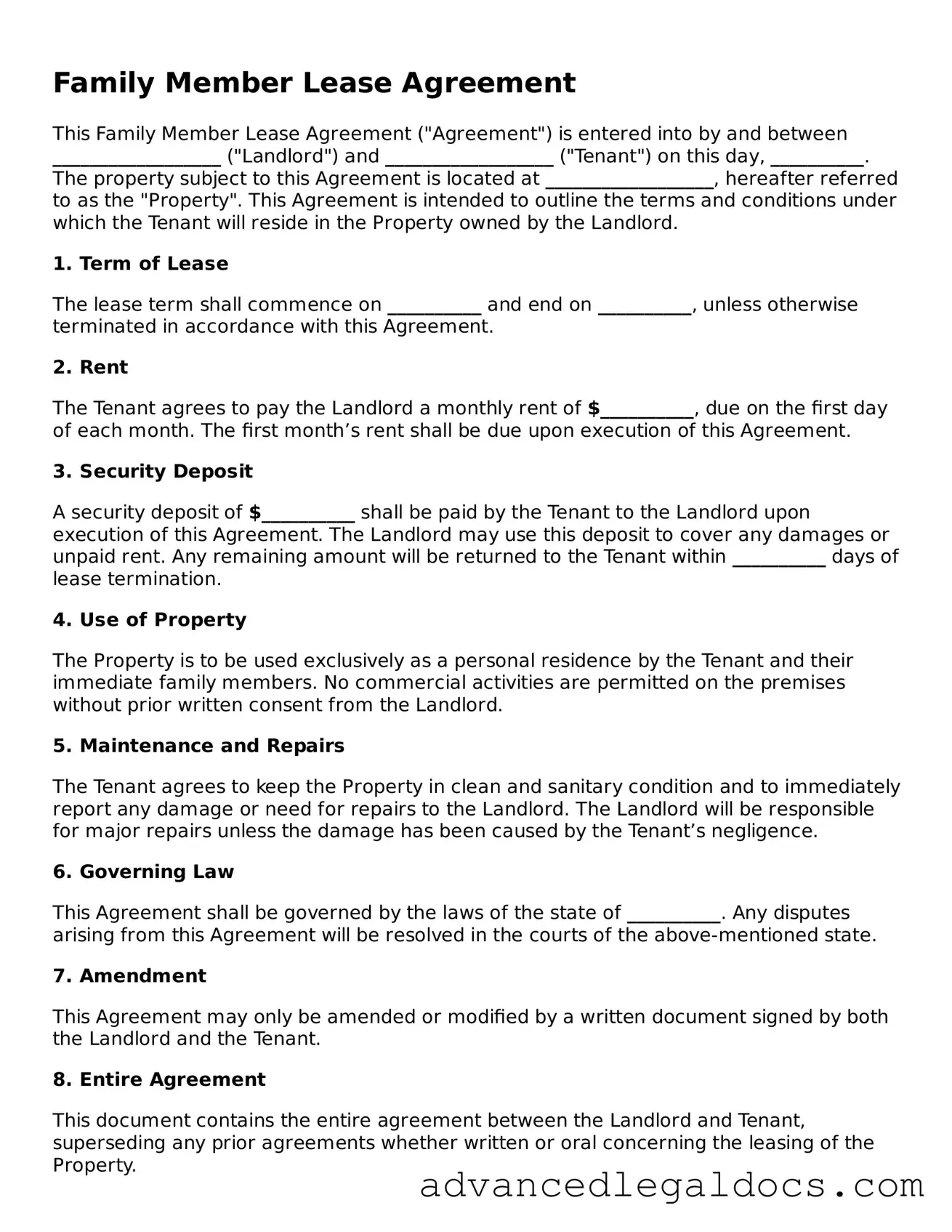 Blank Family Member Lease Agreement Template