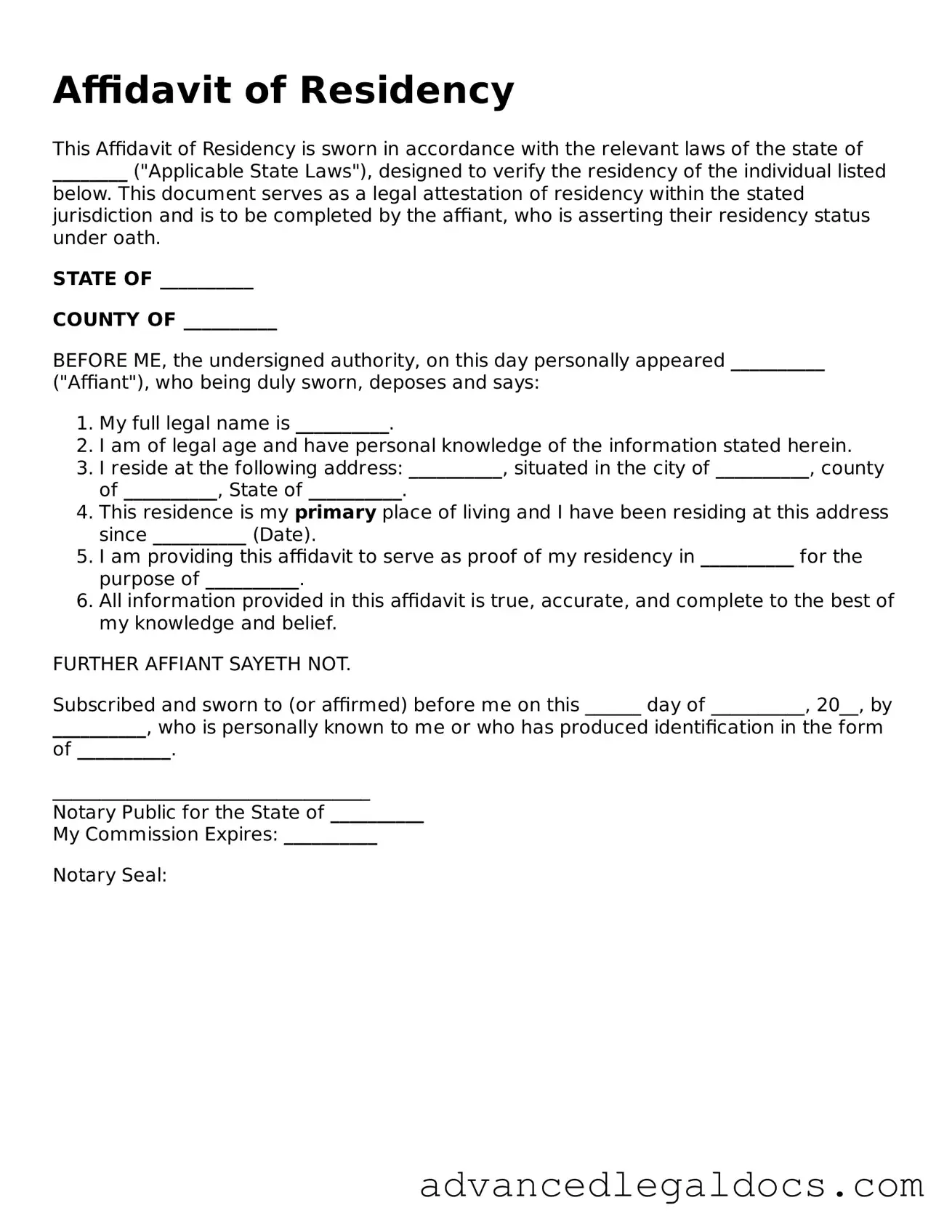 Blank Affidavit of Residency Template