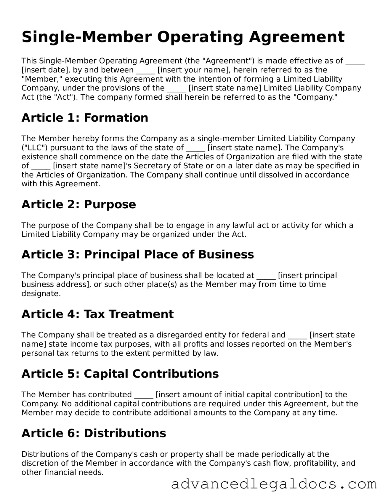Blank Single-Member Operating Agreement Template