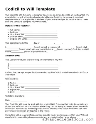 Blank Codicil to Will Template