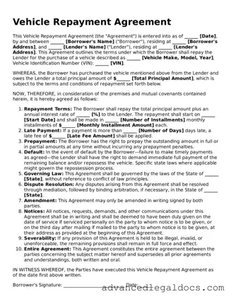 Blank Vehicle Repayment Agreement Template