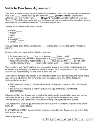 Blank Vehicle Purchase Agreement Template