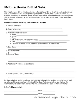 Blank Mobile Home Bill of Sale Template