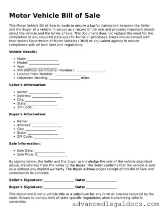 Blank Motor Vehicle Bill of Sale Template