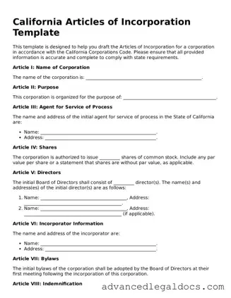 Fillable Articles of Incorporation Form for California State