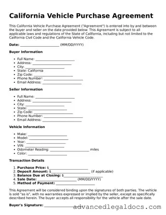Fillable Vehicle Purchase Agreement Form for California State