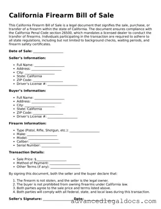Fillable Firearm Bill of Sale Form for California State