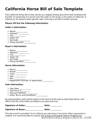 Fillable Horse Bill of Sale Form for California State