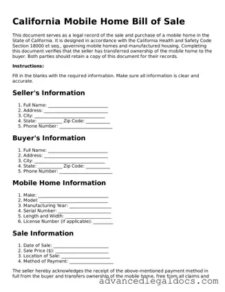 Fillable Mobile Home Bill of Sale Form for California State