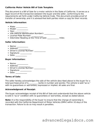 Fillable Motor Vehicle Bill of Sale Form for California State