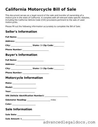 Fillable Motorcycle Bill of Sale Form for California State