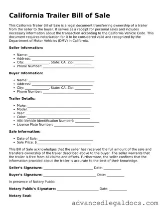 Fillable Trailer Bill of Sale Form for California State