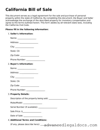 Fillable Bill of Sale Form for California State