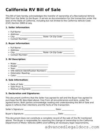 Fillable RV Bill of Sale Form for California State