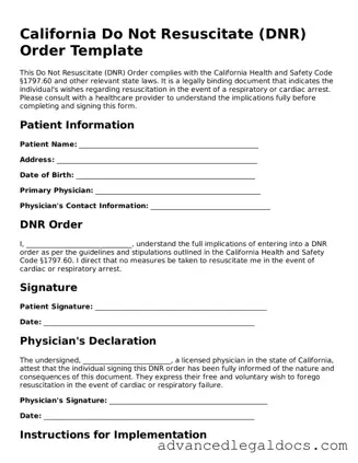 Fillable Do Not Resuscitate Order Form for California State