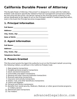 Fillable Durable Power of Attorney Form for California State