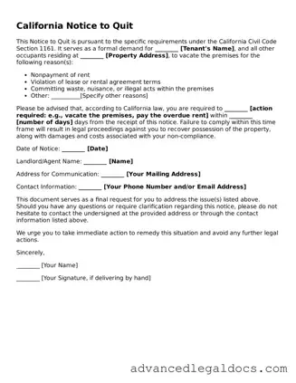 Fillable Notice to Quit Form for California State