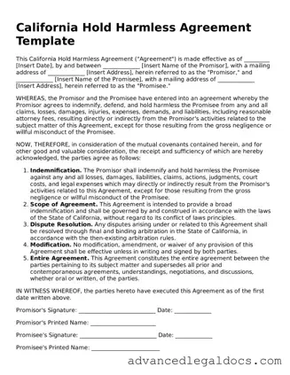 Fillable Hold Harmless Agreement Form for California State