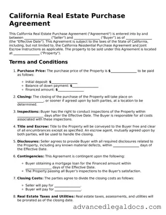 Fillable Real Estate Purchase Agreement Form for California State