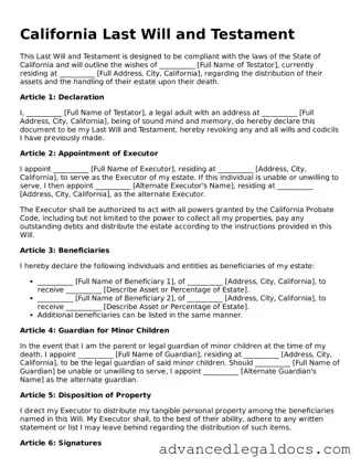 Fillable Last Will and Testament Form for California State