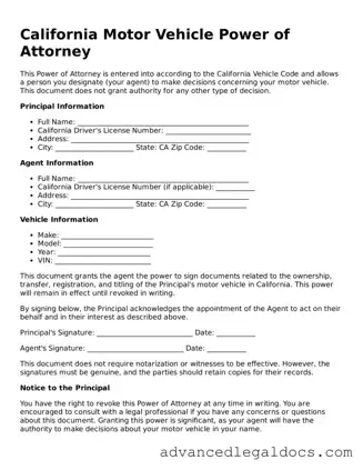 Fillable Motor Vehicle Power of Attorney Form for California State