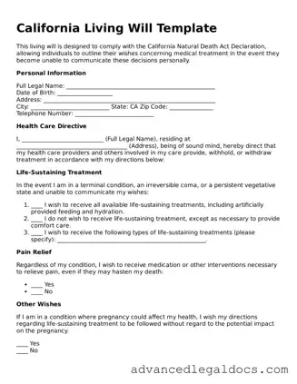 Fillable Living Will Form for California State