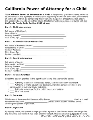 Fillable Power of Attorney for a Child Form for California State