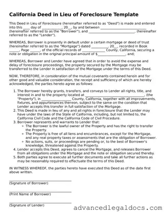 Fillable Deed in Lieu of Foreclosure Form for California State