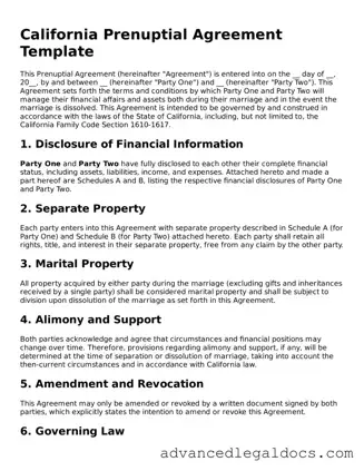 Fillable Prenuptial Agreement Form for California State