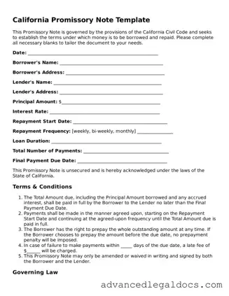 Fillable Promissory Note Form for California State