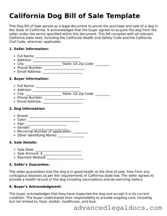 Fillable Dog Bill of Sale Form for California State