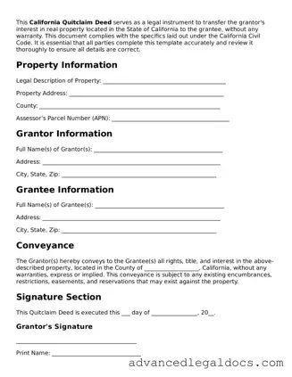 Fillable Quitclaim Deed Form for California State