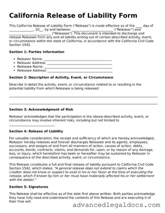 Fillable Release of Liability Form for California State