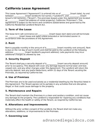 Fillable Lease Agreement Form for California State