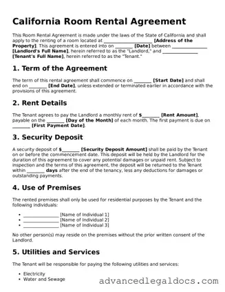 Fillable Room Rental Agreement Form for California State