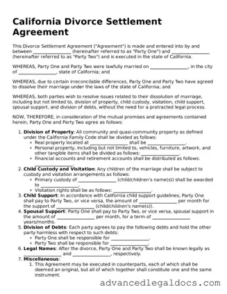 Fillable Divorce Settlement Agreement Form for California State